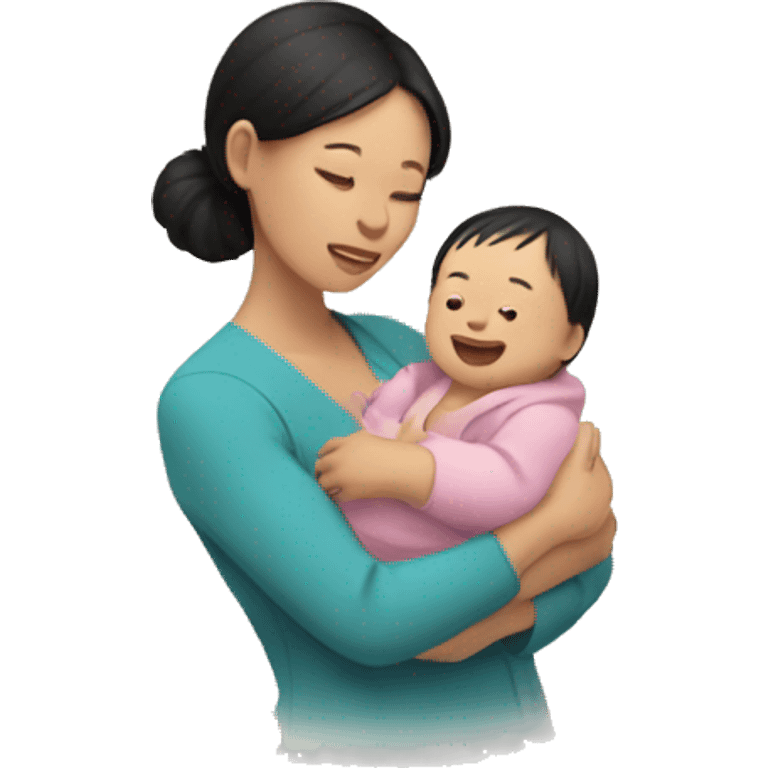 An Asian woman holds a baby in her arms and butterflies fly around emoji