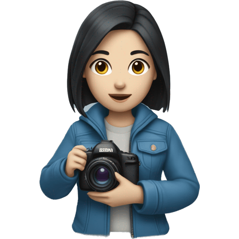 a girl with black hair, in a blue jacket, holding a camera in her hands, White skin emoji