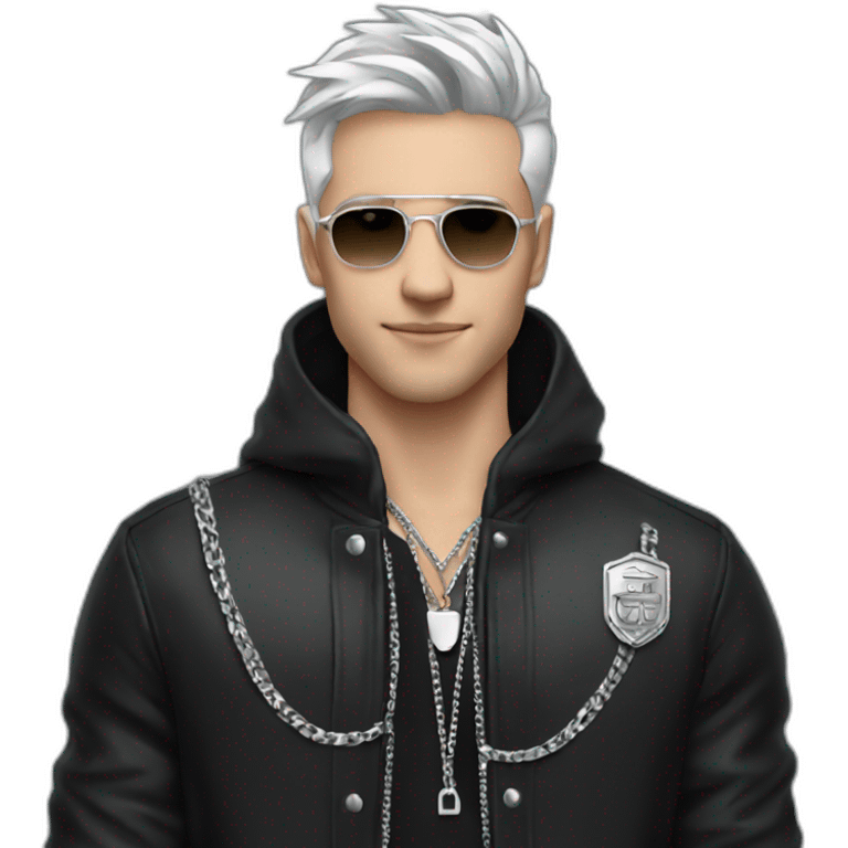 A white England strong male wearing silver chain on a black jacket,cool,style emoji