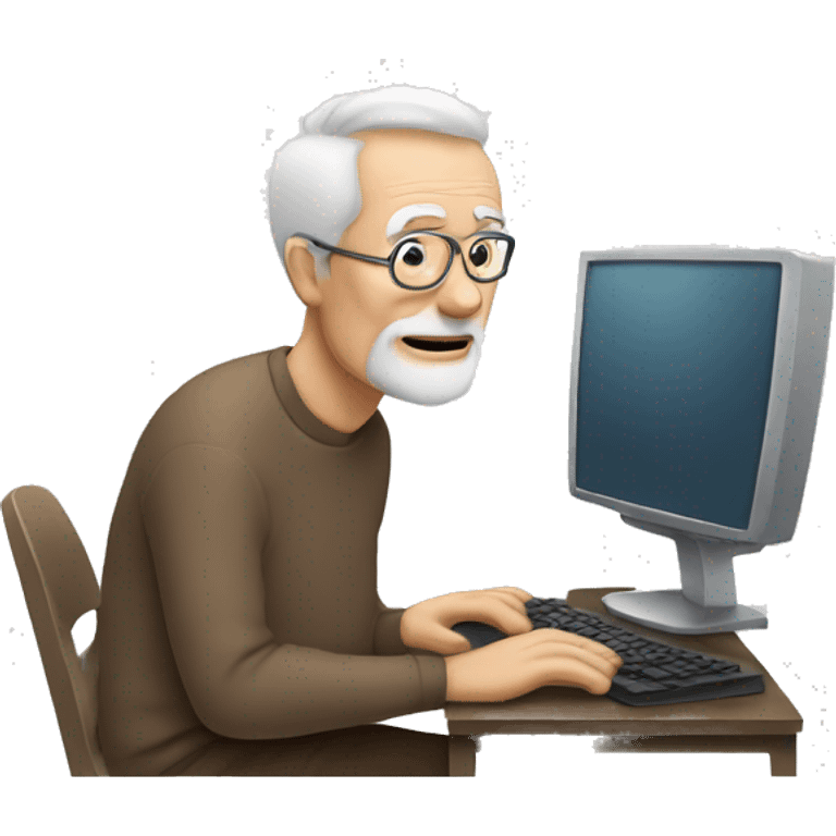 Old man with a computer and a coffee cup looking at the computer emoji