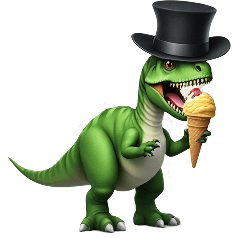 Dinosaur with a gun wearing a top hat, eating ice cream emoji