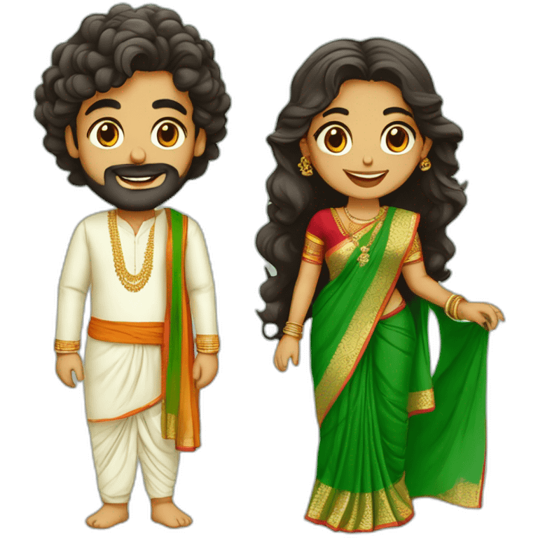 south indian girl with curly hair wearing green saree marrying south indian guy with straight hair and beard wearing dhoti emoji