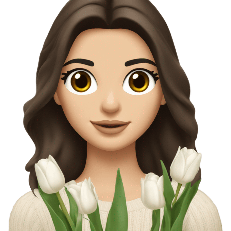 brunette Kendall Jenner with with body soft and long and brown hair her eyes brown and Holding a bouquet of white tulips Her hair is wavy and shiny With brown sweater just one  emoji