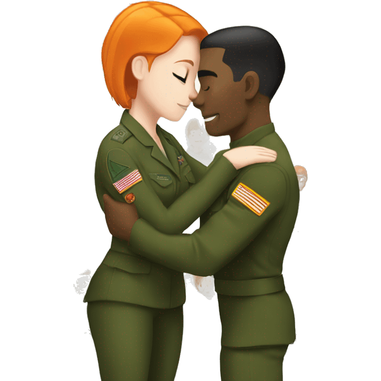 a orange hair girl hugs a dark-haired white man in a green military uniform emoji