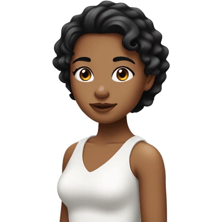 Girl with brown skin tone, wavy black hairs, pretty black eyes and long lashes and white shoulder down tto emoji