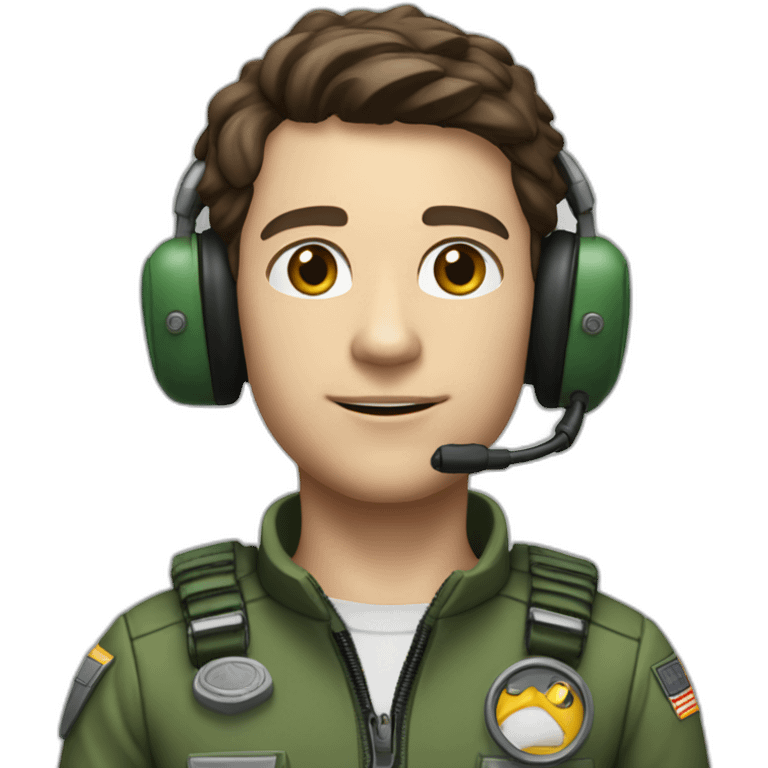 A young white male tennager with a thin face with dark brown hair and brown eyes in a pilot suit and wearing a green Pilot headset emoji