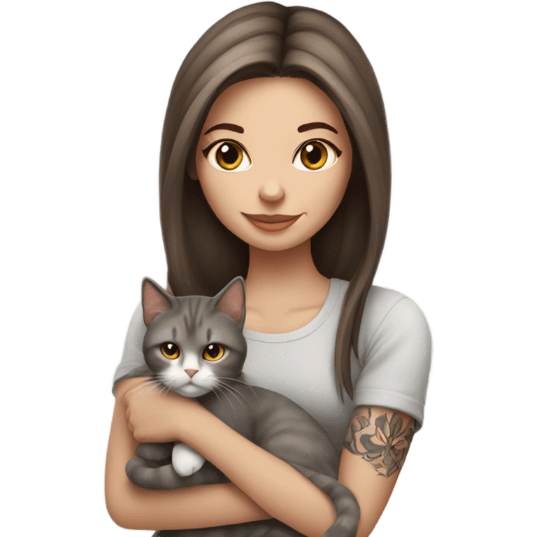 Beautiful brown haired tattooed woman holding gray and white long hair cat emoji