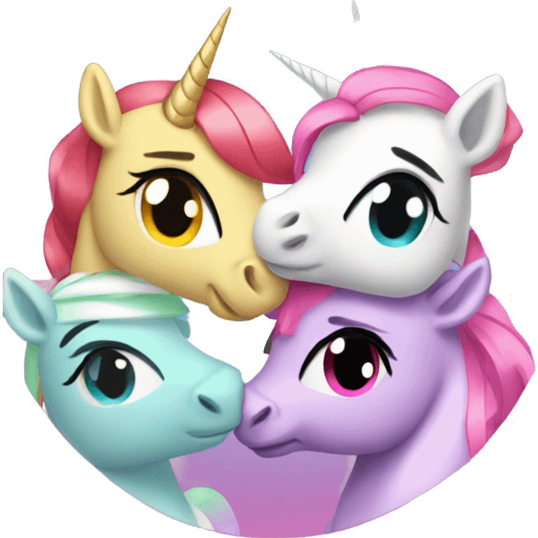 Four unicorns with power puff girls powers hugging emoji