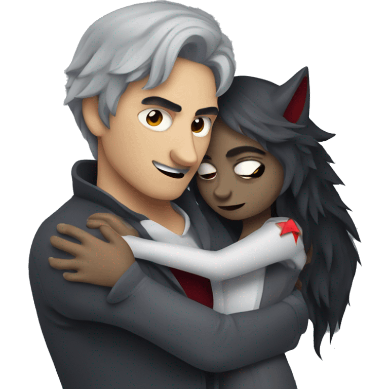 Create a gray wolf hugging a woman disguised as a vampire emoji