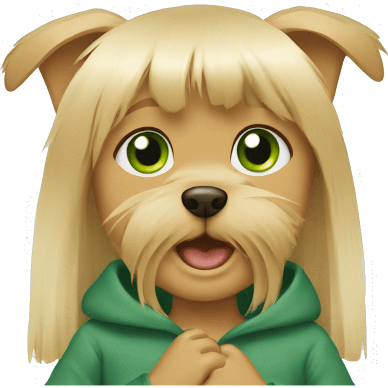 Yorkshire Terrier in the arms of a girl with blond hair and green eyes emoji