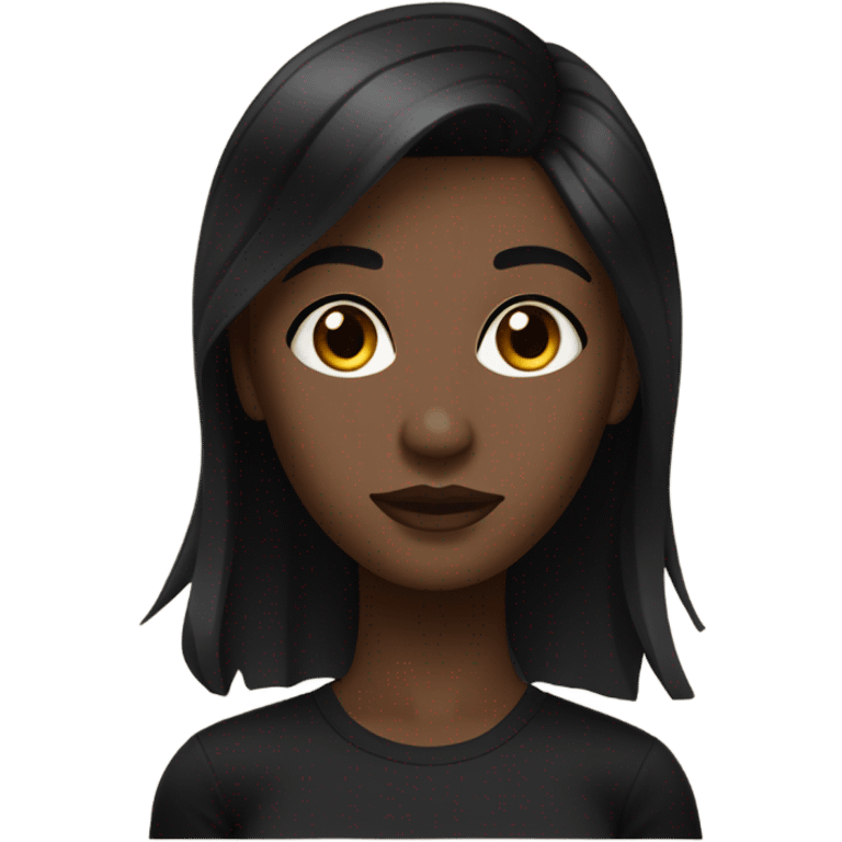 Dark-skinned woman, straight black hair, not too short or too long, with waves (not too marked), with a black t-shirt, brown eyes and eyeliner emoji