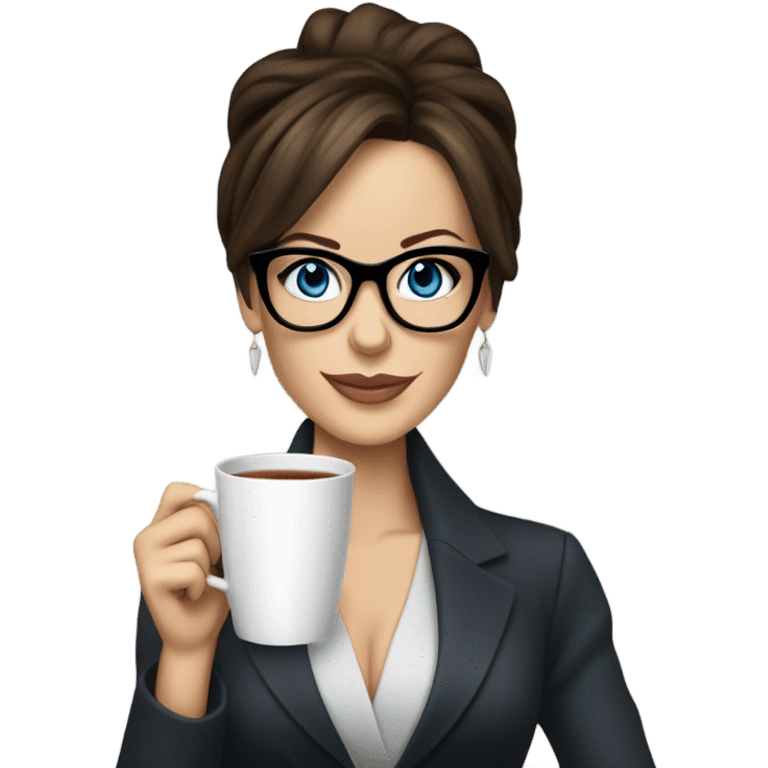 Hyper Realistic Kate Beckinsale blue eyes wearing glasses in a business dress drinking a cup of tea  emoji