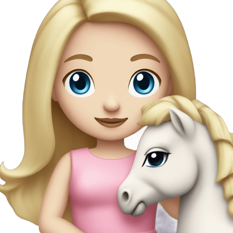 Blonde, pale skin, blue eyes girl wearing a pink dress cuddling her pony stuffed animal. emoji