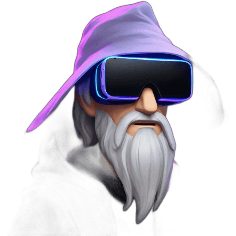 Gandalf wearing a black hoodie with "OMG" letters on it and VR headset in a cyberpunk VR environment with violet neon lighting. emoji