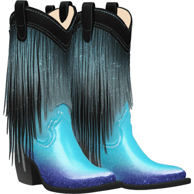 Realistic pastel blue to black ombre pair of fashion cowgirl boots with sparkly shiny glitter fringe on them. emoji