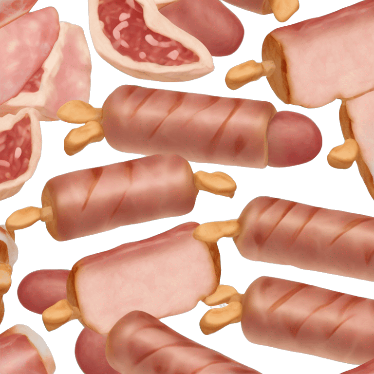 Émoji lardons allumettes grillées : petites lanières de lard coupées finement, avec des bords dorés et croustillants, stries de viande rose et gras blanc visibles emoji