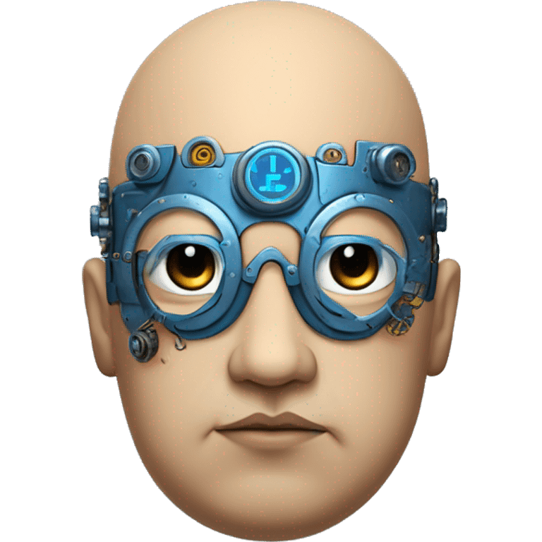 Fat bald cyborg head with tan skin, blue beard, blue steampunk goggles and circuits emoji