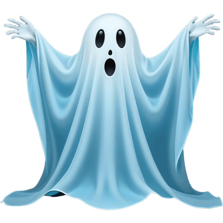 A hilariously exaggerated floating sheet ghost, its simple yet expressive form billowing with animated energy in vibrant whites and pale blues, with two wide, comically shocked eyes and a quirky, startled mouth, simplified yet overflowing with personality, highly detailed with a soft neon-like glowing outline, capturing the playful absurdity of a ghost caught off guard! emoji