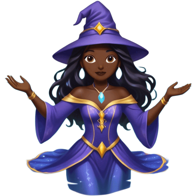 A glamorous celebrity-style woman with long dark hair, dressed as a mystical wizard, floating in a magical pool. She looks confident and enchanting, with a playful ghost nearby. No swimsuit, but covered in a glowing magical aura. emoji