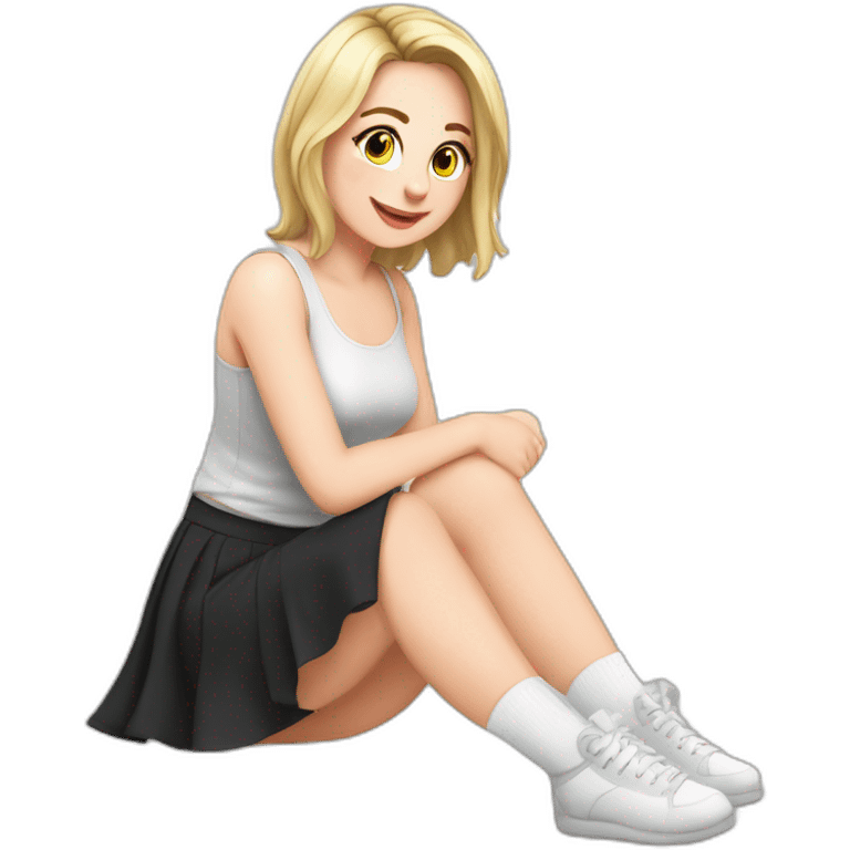 front view full body curvy caucasian beauty sitting straight hands up black skirt white knickers long white socks emoji