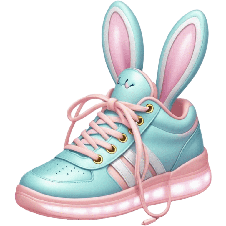 Cute Kawaii Shoe, small and bouncy, soft pastel sneakers with glowing highlights, cute sparkling eyes, a happy cheerful expression, laces tied like bunny ears! emoji