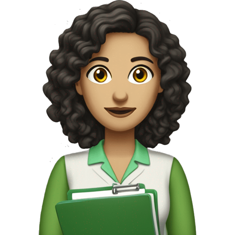 female psychologist, brunette, black eyes, long black curly hair. Holding a medical record clipboard, wearing a green knitted blouse, brown pantaloons, green sandals, brown and green Peruvian earrings emoji