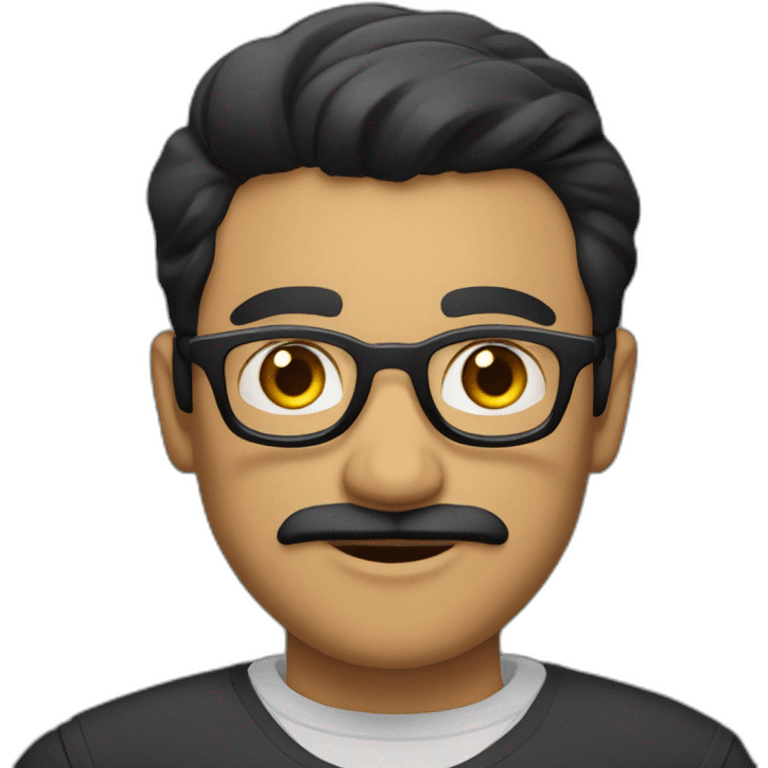 a light skin Pakistani man, wearing round glasses, short moustache, black hair, collared shirt, structured manly face emoji