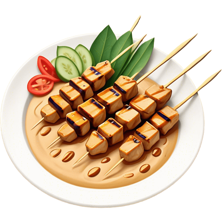 Cinematic Realistic Indonesian Chicken Satay Dish Emoji, depicted as succulent, marinated chicken skewers grilled to perfection with a subtle char, drizzled generously with a rich, creamy peanut sauce that glistens under warm, natural lighting. The vibrant textures of the tender meat and smooth, spicy sauce evoke the authentic flavors of Indonesian street food, rendered with lifelike detail and dynamic, appetizing lighting. emoji