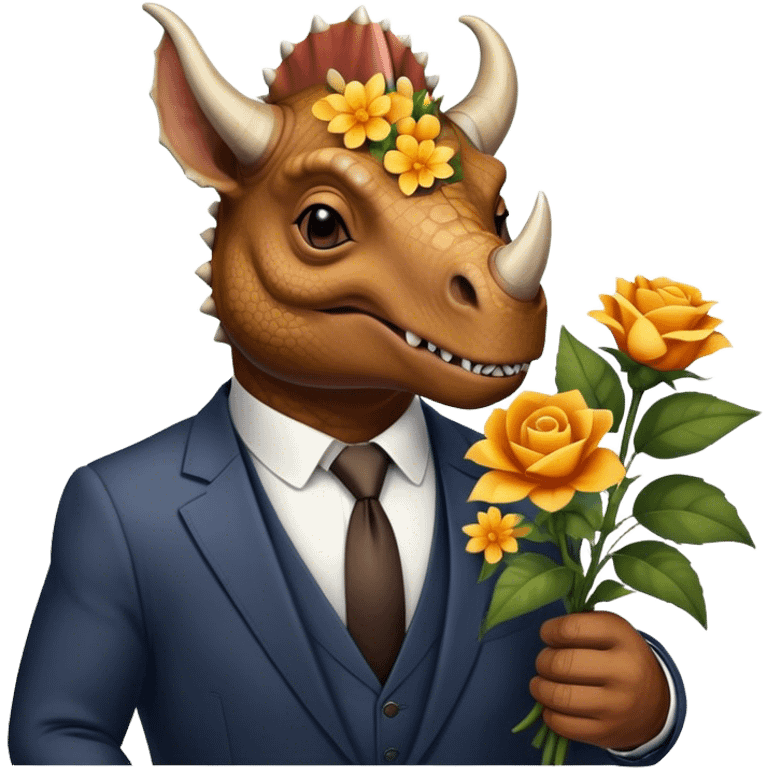 old triceratops in suit holding flowers emoji