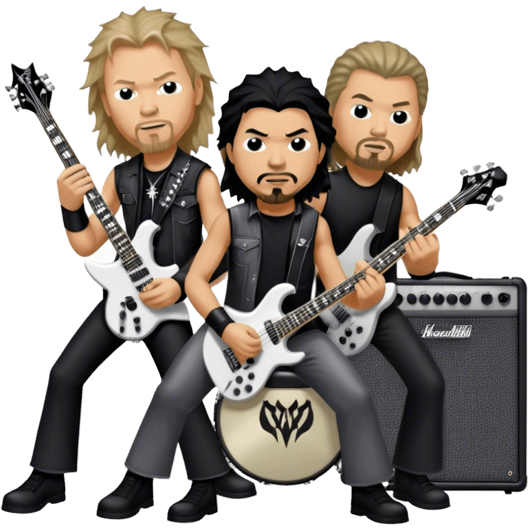 Icon for Metal Music: Metallica band members detailed in their signature look. James Hetfield with guitar, Lars Ulrich on drums, Kirk Hammett with his electric guitar, and Robert Trujillo playing bass. Bold, energetic style with musical notes, all in a heavy metal aesthetic. Transparent background. emoji