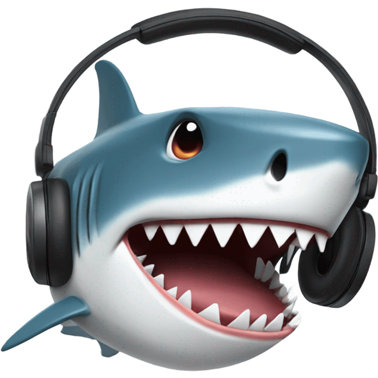 A shark wearing headphones and has poop on his head and has its mouth out and no teeth emoji