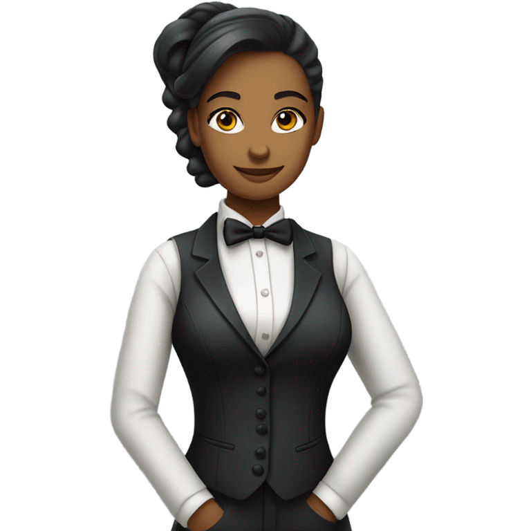 a female butler with a professional and elegant demeanor. She has her hair neatly tied in a ponytail and wears a classic butler uniform, including a tailored vest, crisp white shirt, and bow tie. emoji