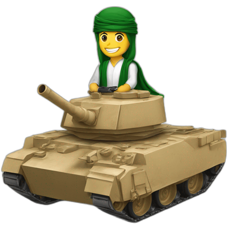 the prince from Saudi Arabia in the shemagh national headdress riding on a tank, smiling emoji