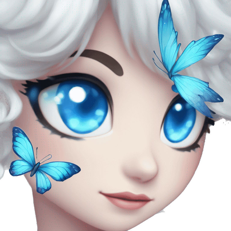 Edgy Cute Cool Kawaii gorgeous sparkly ethereal white fantasy animal with blue eyes sona with flowers and butterflies emoji