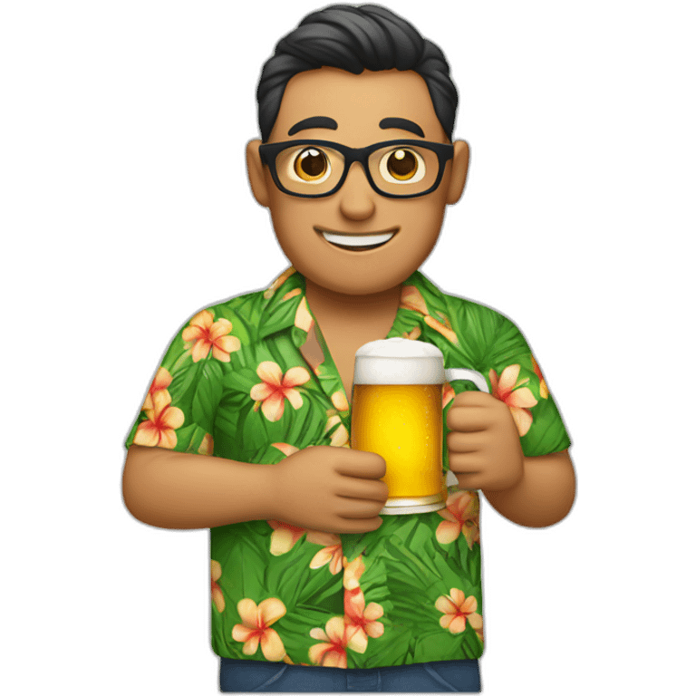 A person wearing glasses and an aloha shirt is holding beer emoji