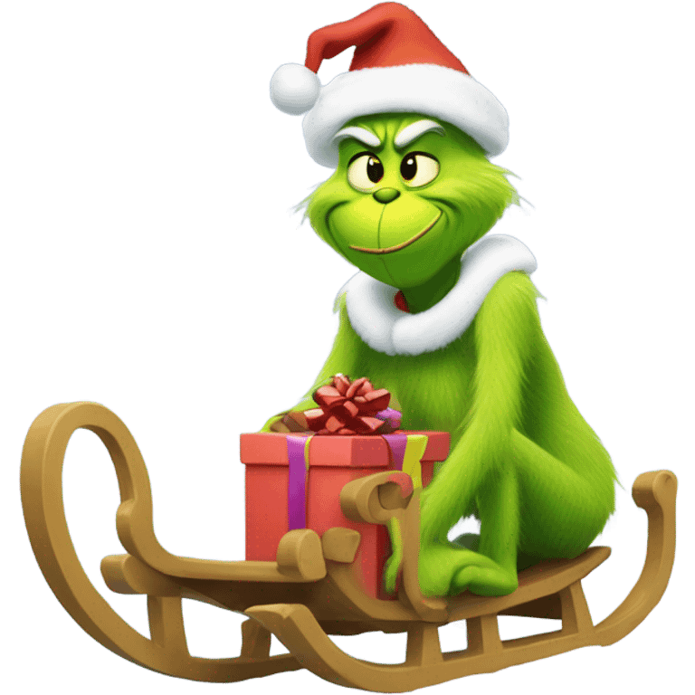 Grinch in a sled with presents in snow emoji