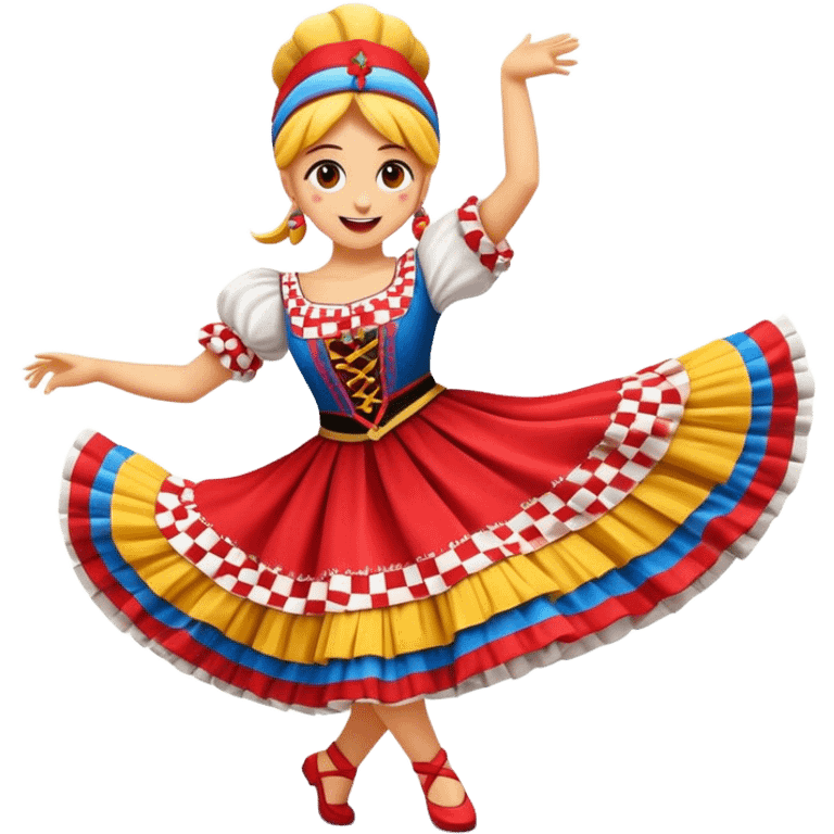 Cinematic Realistic Linđo Dance Emoji, depicted as a traditional Croatian folk dance with lively movements and colorful costumes, rendered with dynamic textures and vibrant festive lighting that captures its cultural vibrancy. emoji