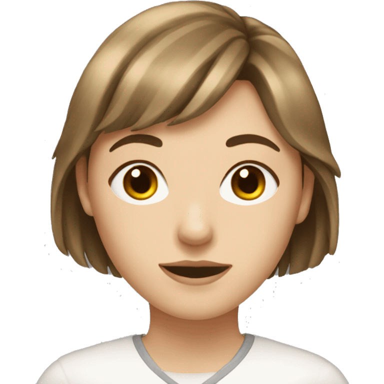 young white woman with brown hair and a fringe emoji