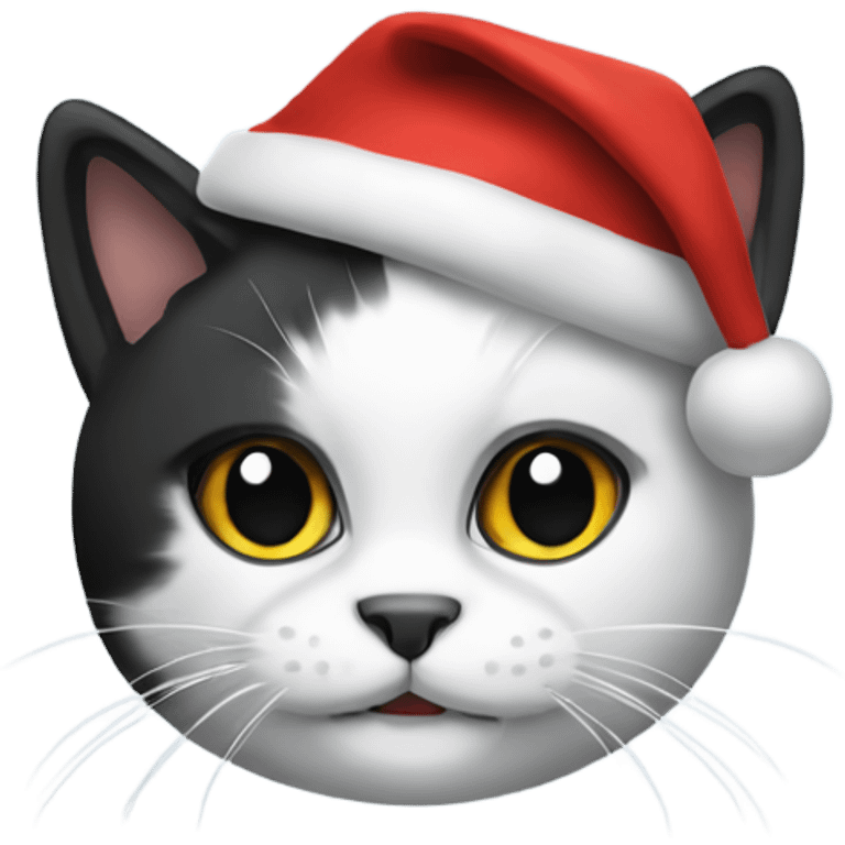 Cat with black and white fur wearing a Christmas beanie emoji