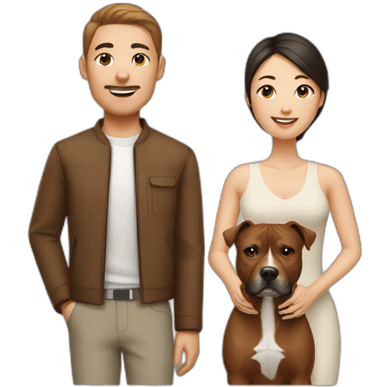 man and Chinese lady with brown Staffordshire terrier dog emoji