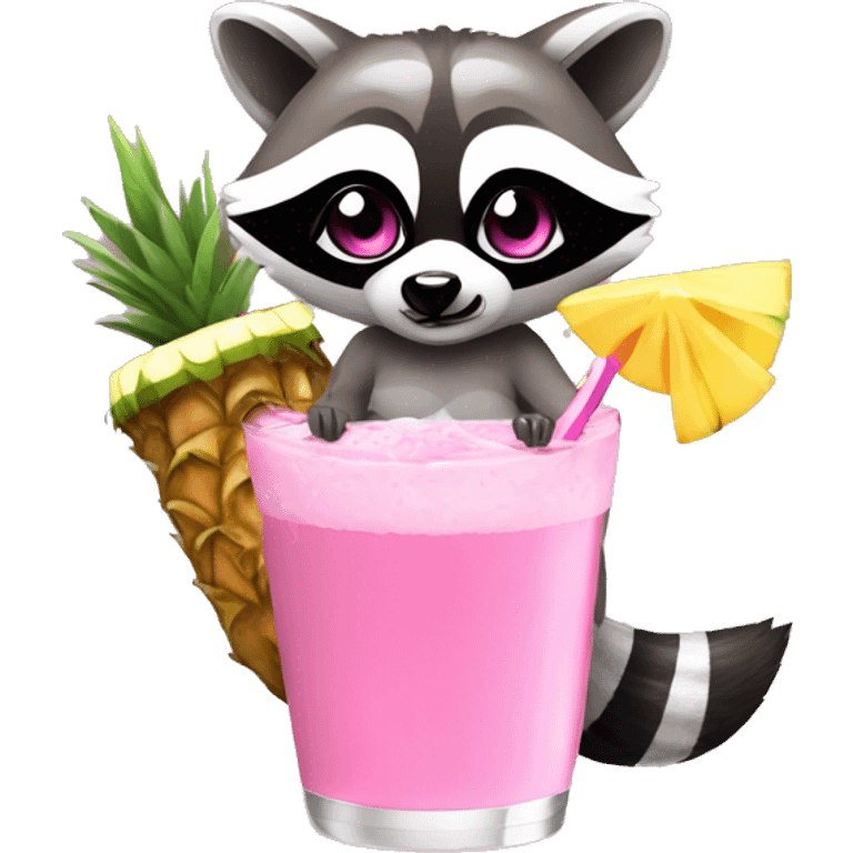 A raccoon with long eyelashes, wearing a pink bikini holding a pina colada emoji