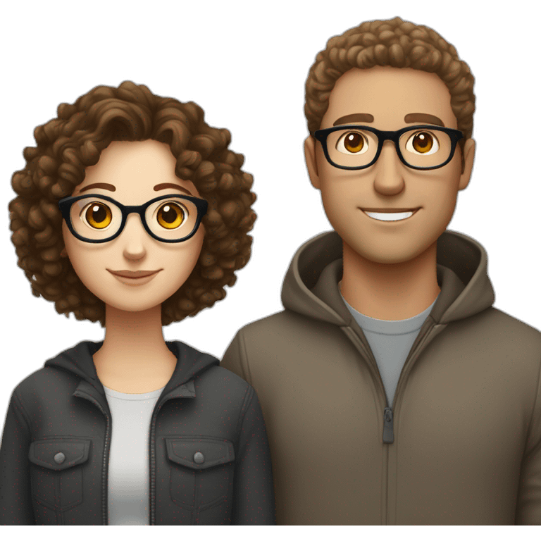 couple consisting of a white girl with round silver glasses and really short brown curly hair, taller white man with brown round glasses and short curly brown hair emoji