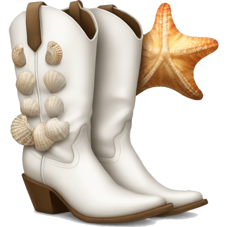 White cowgirl boots with seashells emoji