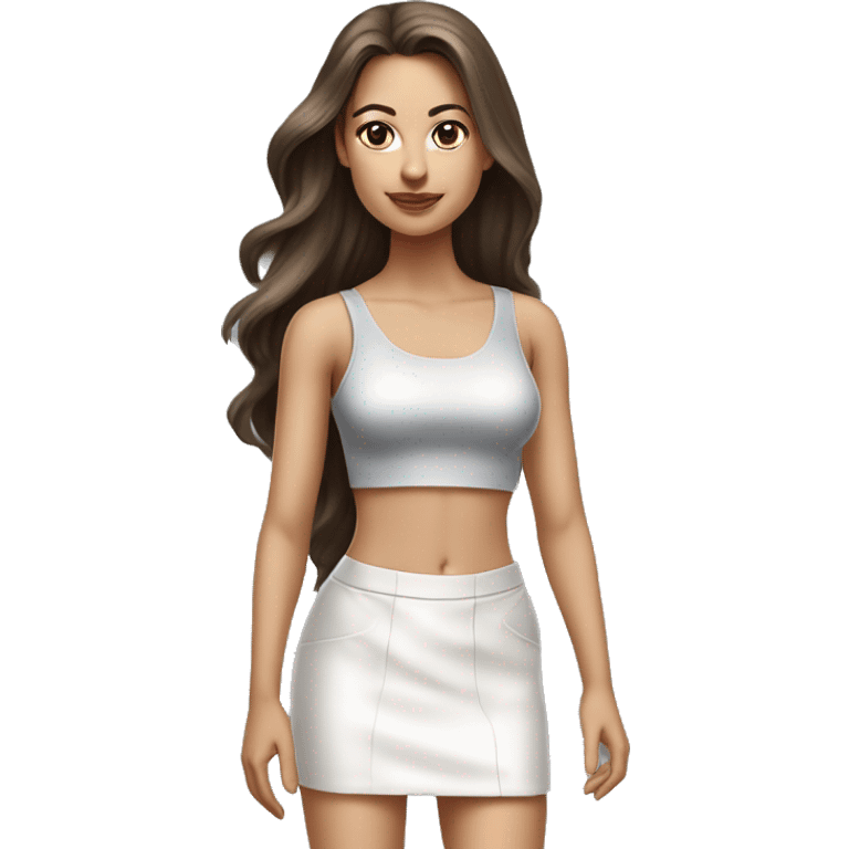 hyperrealist caucasian, long brown hair, brown eyes, woman, white decollette tank top, gray tight mini skirt, black high heels, full height emoji