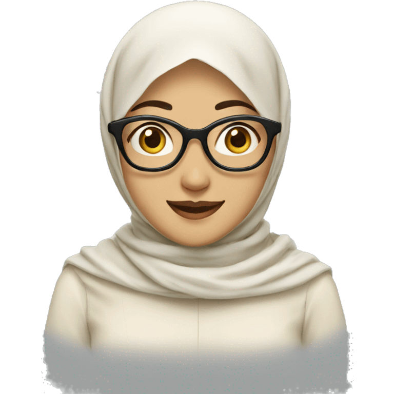 asian woman with cream hijab and glasses with happy expression emoji