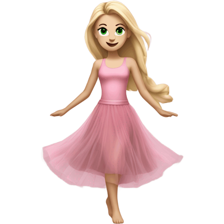 Realistic White girl with Long straight blonde hair, green eyes, tattoos, full body wearing pink tulle dress, dancing emoji