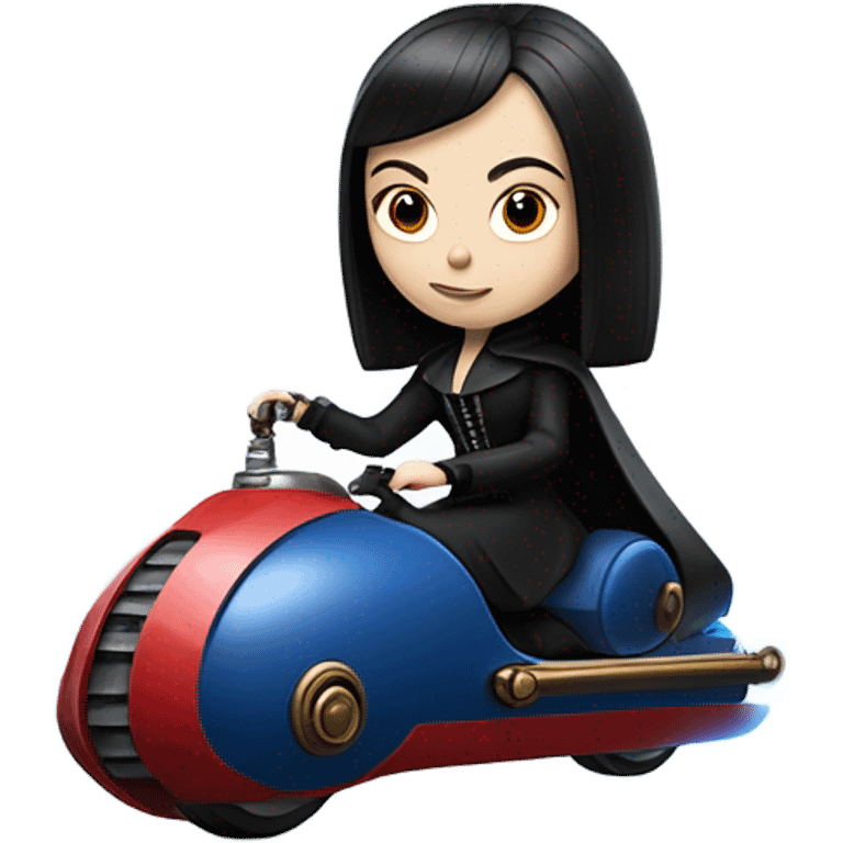 Jedi teen Morticia Addams flying a red and blue Jumpspeeder anti-gravity repulsorlift powered by an imperial speeder steampunk  emoji