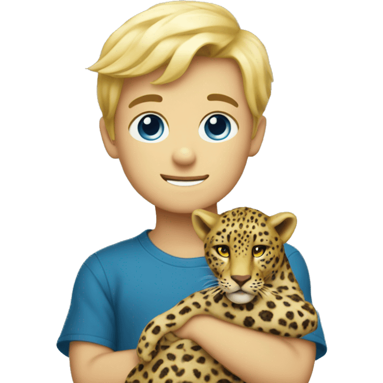 blue eye blonde boy holding stuffed leopard with  emoji