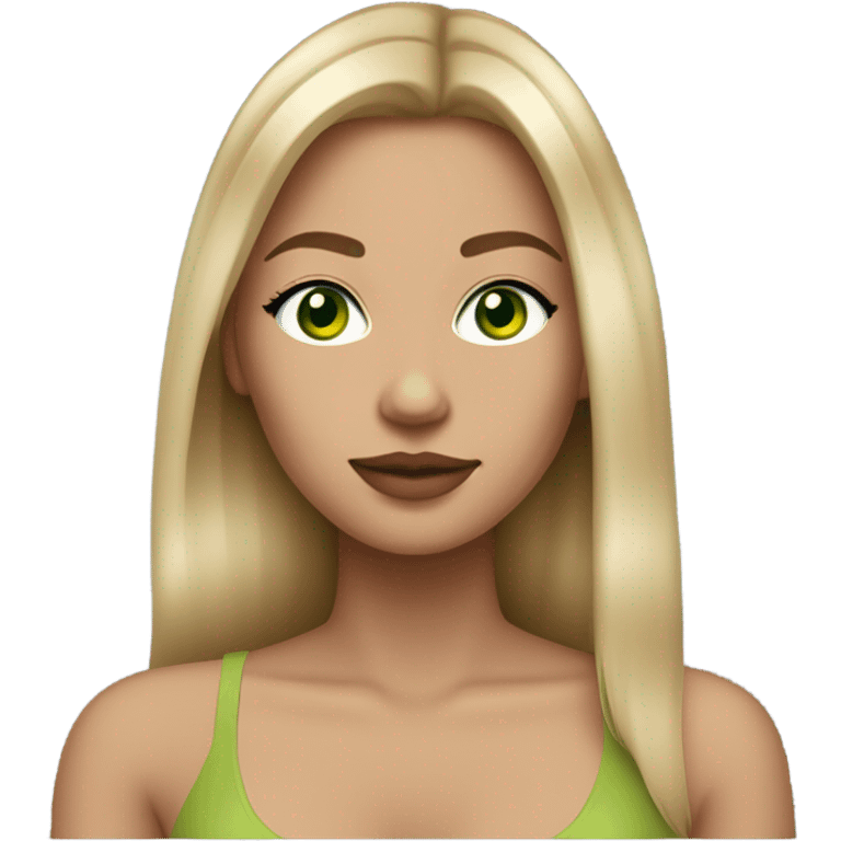 light tan skin, high cheekbone, solo dark blonde girl with green eyes, medium bust, long blow out hair, baddie, middle part, sultry emoji