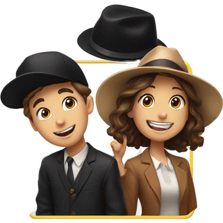 Boy with a black hat and a girl with Brown hair and tongue out are happy and taking a Photo in a photobox  emoji